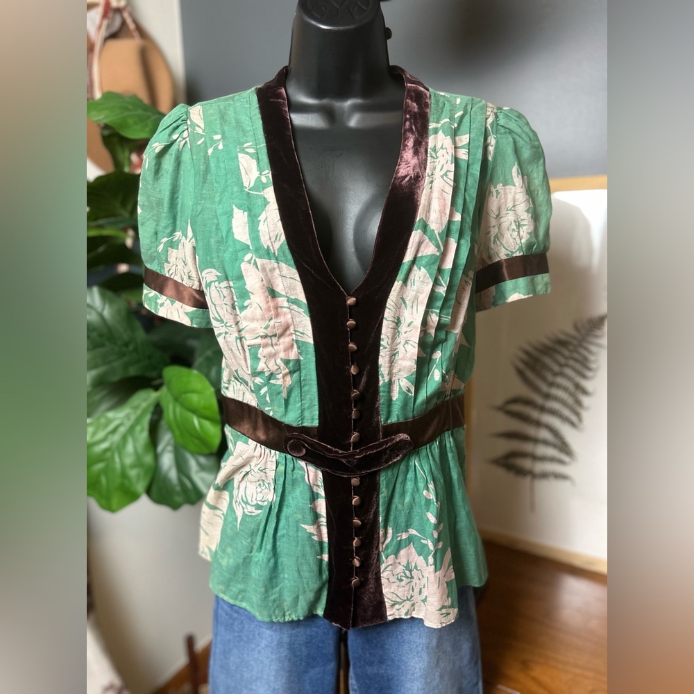 Harkham Anthropologie Floral Green and Brown Silk Top Vintage
